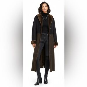 MONTREAL CREATION JEZ Full Length Maxi Shearling Leather Coat Black/Grey Size 9